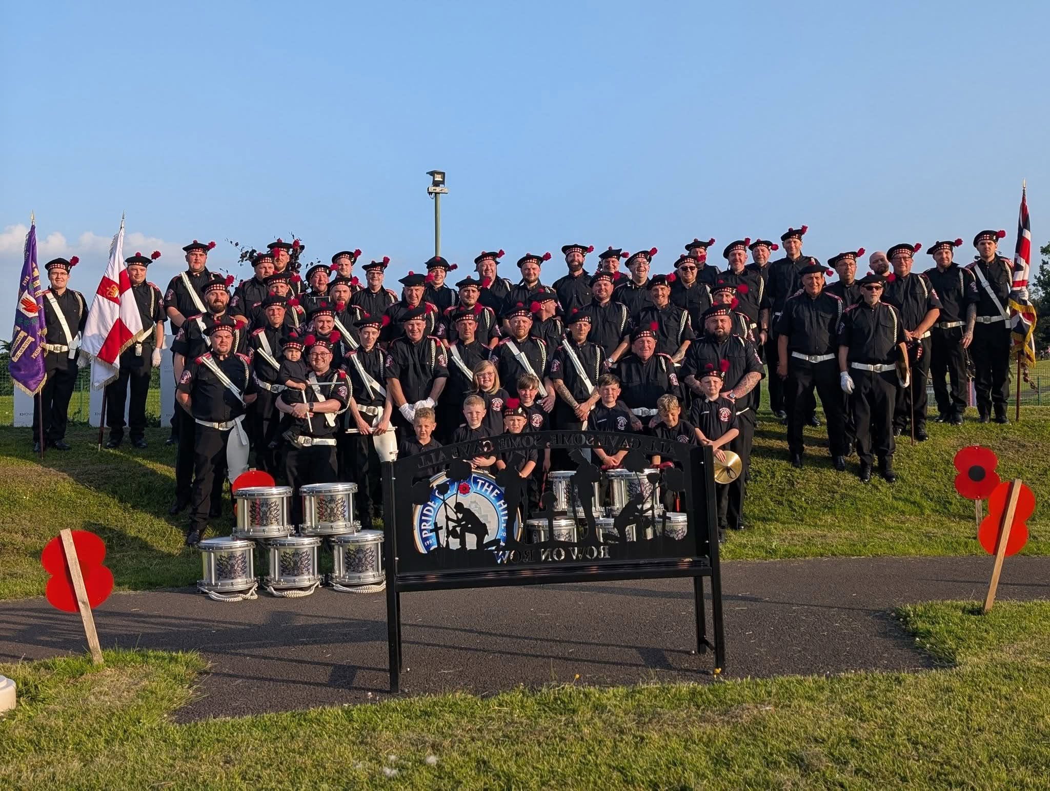 Pride of the Hill Flute Band, Carnmoney group photograph with their drums and flags