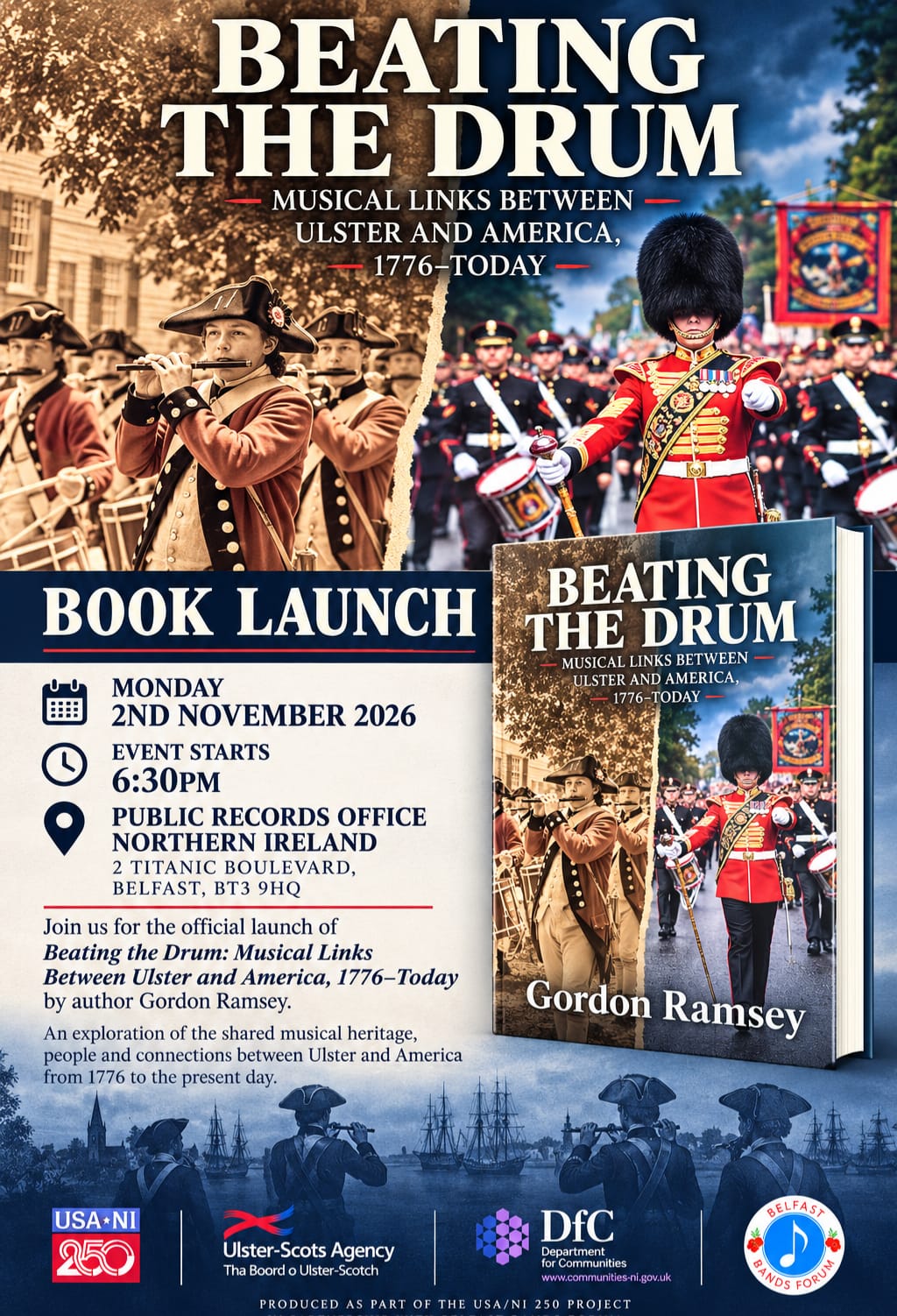 Beating the Drum book launch poster: Gordon Ramsey, Monday 2 November 2026 at 6:30pm, Public Record Office of Northern Ireland, 2 Titanic Boulevard, Belfast, BT3 9HQ.